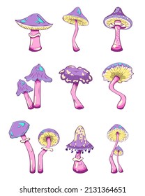 Hand drawn mushrooms. Vector illustration collection of colorful raw fungus isolated on white background. Fantasy, toxic mushrooms 