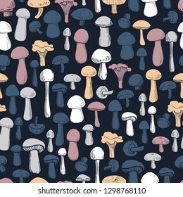 Hand drawn  mushrooms.  Vector  seamless pattern