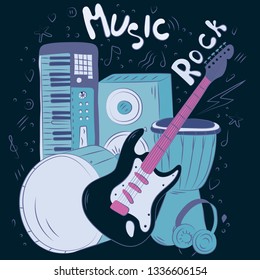 Hand drawn  music background. Doodle musical instruments. Retro musical equipment. Vector illustration. Rock music. Poster or t-shirt design.