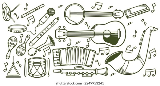 Hand drawn music classic instruments doodle icon set isolated white background 