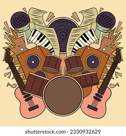 Hand drawn music doodle style illustration, 90s retro music party elements event poster vector