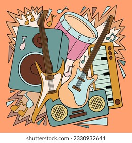 Hand drawn music doodle style illustration, 90s retro music party elements event poster vector
