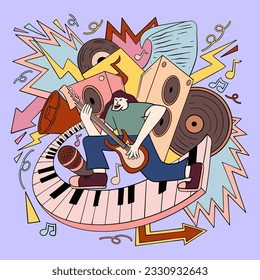 Ilustración de estilo doodle de música dibujada a mano, elementos de fiesta de música retro de los años 90 afiche vectorial