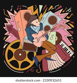 Hand drawn music doodle style illustration, 90s retro music party elements event poster vector