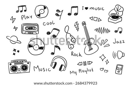 Hand drawn music elements in doodles style, guitar, music note, headphone, music discs