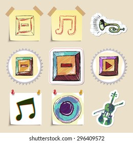 Hand drawn music emblems set. Isolated. Stickers
