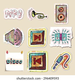 Hand drawn music emblems set. Isolated. Stickers