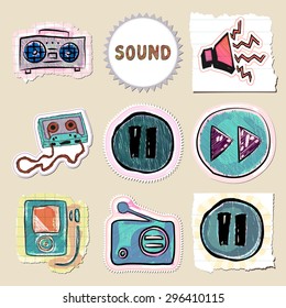 Hand drawn music emblems set. Isolated. Stickers