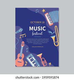 Hand drawn music festival banners template with musical instrument. Doodle sketch style. Vector illustration forsic festival flyer, brochure background