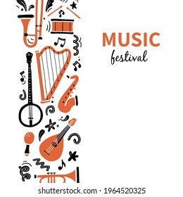 Plantilla de banners del festival de música dibujados a mano con instrumento musical. Estilo de dibujo de Doodle. Folleto del festival forense de ilustración vectorial, fondo del folleto