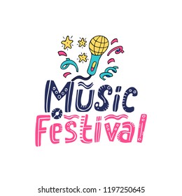 Hand drawn music festival concept with microphone and inscription. Vector illustration.