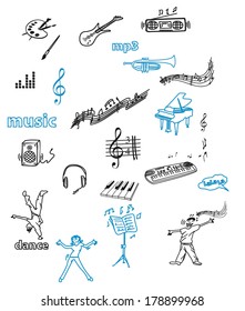 Hand drawn music icon set isolated on white, vector 