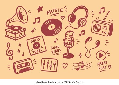 Hand Drawn Music Icon Set Naive Doodle Vector Illustration Featuring Vinyl Record, Headphones, Microphone, Radio, Cassette Tape, Earphones, Sound Mixer and Musical Notes for Audio, Podcast