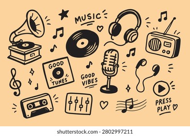 Hand Drawn Music Icon Set Naive Doodle Vector Illustration Featuring Vinyl Record, Headphones, Microphone, Radio, Cassette Tape, Earphones, Sound Mixer and Musical Notes for Audio, Podcast