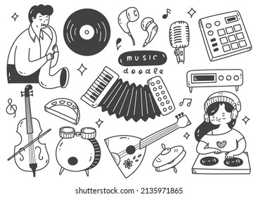 Hand Drawn Music Instruments Doodle Line Art Vector Illustration