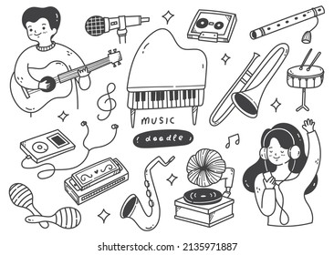 Hand Drawn Music Instruments Doodle Line Art Vector Illustration