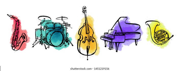 Hand drawn music instruments. Orcestra. Horizontal banner or cover for social media. Ink style vector illustration with watercolor stains on white background