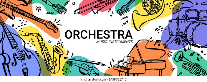 Hand drawn music instruments. Orcestra. Horizontal banner or cover for social media. Ink style vector illustration with watercolor stains on white background