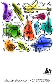 Hand drawn music instruments. Vertical banner or poster. Ink style vector illustration with watercolor stains on white background