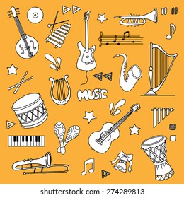 Hand drawn Music items set, Vector illustration