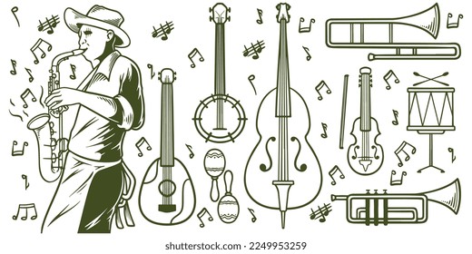 Hand drawn music jazz doodle icon set isolated white background 