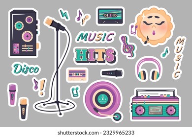 Hand drawn music label templates. Set of trendy stickers in retro style of 90s, 80s, 70s. Cartoon character sun, tape recorder, microphone, notes, text. Vector illustration