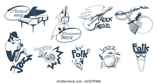 Hand drawn music logotypes set with different musical instruments and styles isolated vector illustration