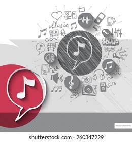 Hand drawn music note icons with icons background. Vector illustration
