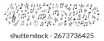 Hand drawn music notes background. Handwriting sketch vector illustration. Classic note staff. Song melody. Musical school, karaoke, conservatory design concept. Underline, emphasis, twinkle effect