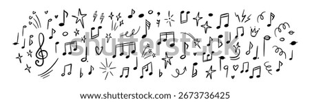 Hand drawn music notes background. Handwriting sketch vector illustration. Classic note staff. Song melody. Musical school, karaoke, conservatory design concept. Underline, emphasis, twinkle effect