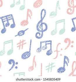Hand drawn Music Notes icon Seamless Pattern. Sketchy cartoon musician signs in childish doodle style. Pencil drawing. Musical school lessons, stickers, textile print, texture. White copybook. Vector