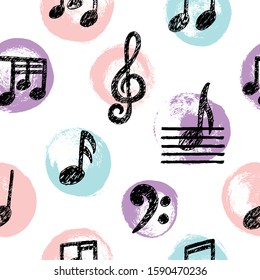 Hand drawn Music Notes icon Seamless Pattern. Sketchy cartoon musician sign in childish doodle style. Pencil drawing. Musical school lessons, stickers, textured textile print. Vector Colorful texture