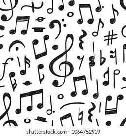Hand drawn music notes illustration. Doodle samless pattern with symbols. Creative ink art work. Actual vector drawing