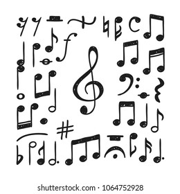 Hand drawn music notes illustration. Doodle set of symbols. Creative ink art work. Actual vector drawing