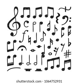Hand drawn music notes illustration. Doodle set of symbols. Creative ink art work. Actual vector drawing