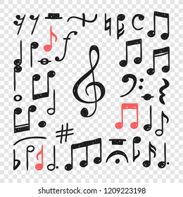 Hand drawn music notes illustration. Doodle set of symbols. Creative ink art work. Actual vector drawing