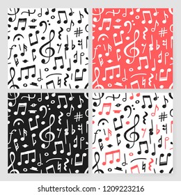 Hand drawn music notes illustration. Doodle samless pattern with symbols. Creative ink art work. Actual vector drawing