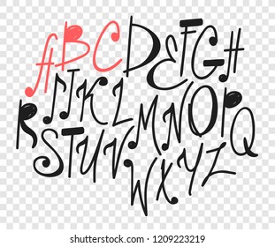 Hand drawn music notes illustration. Doodle set of letters. Creative ink font. Actual vector art