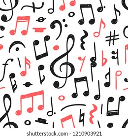 Hand drawn music notes illustration. Doodle samless pattern with symbols. Creative ink art work. Actual vector drawing