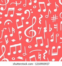 Hand Drawn Music Notes Illustration. Doodle Samless Pattern With Symbols. Creative Ink Art Work. Actual Vector Drawing