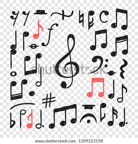 Hand drawn music notes illustration. Doodle set of symbols. Creative ink art work. Actual vector drawing
