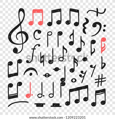 Hand drawn music notes illustration. Doodle set of symbols. Creative ink art work. Actual vector drawing