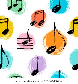 Hand drawn music notes seamless pattern. Vector doodle illustration.