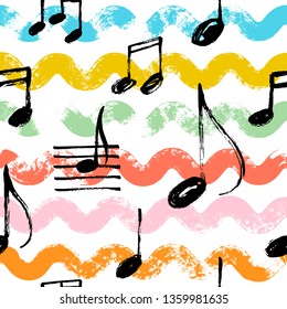 Hand drawn music notes seamless pattern with waves. Vector doodle illustration.