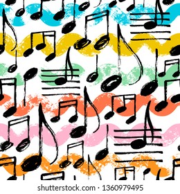 Hand drawn music notes seamless pattern with waves. Vector doodle illustration.