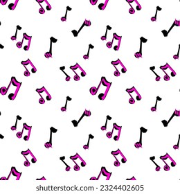 Hand drawn music notes seamless pattern. Vector doodle illustration. Chaotic symbols for melody composition, playing instruments for cover, fabric