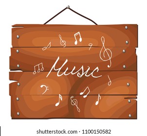 Hand drawn music notes set on wooden plank background. Sketch, vector illustration.