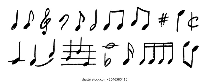 Hand drawn music notes set. Chalk doodled musical symbols collection. Charcoal brush scribbled music signs bundle. Crayon textured sketched music clefs and keys pack. Sound elements. Vector