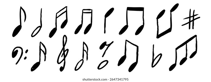 Hand drawn music notes set. Chalk doodled musical symbol collection. Charcoal brush scribbled music sign bundle. Crayon textured sketched music clefs and keys pack. Sound elements. Vector