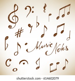 Hand Drawn Music Notes Set. Sketch, Vector Illustration.